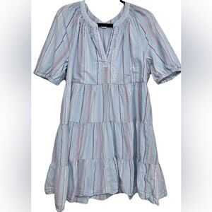 Crown & Ivy Light Blue Pastel Stripes Tiered Cotton Dress Relaxed Fit Size Large